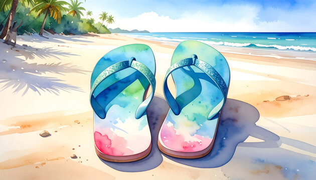 Colorful flip-flops on sandy beach. Relaxing summer footwear for vacation and leisure.