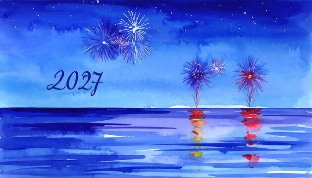 Colorful fireflies over water at night. Vibrant scene with glowing insects and reflections.