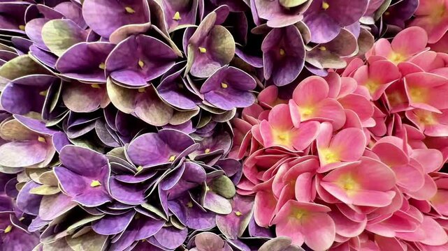 Close-up video of purple and pink hydrangea flowers