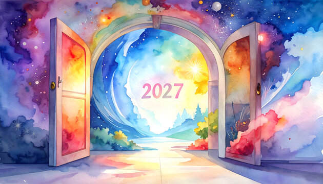 Colorful open door with glowing fireflies and starry sky. Fantasy scene symbolizing hope and new beginnings.