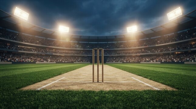 Professional cricket stadium with wicket and green field during a match.