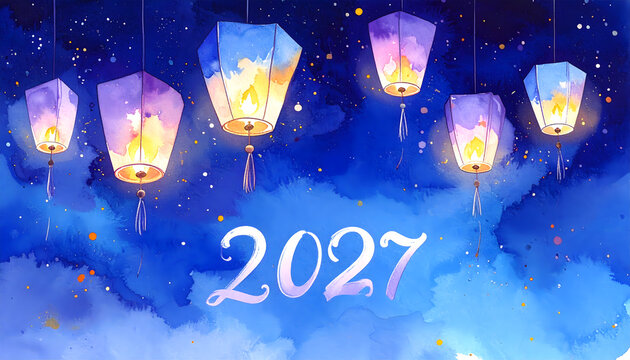 Colorful lanterns floating at night for celebration. Festive sky scene with glowing lights and vibrant colors.