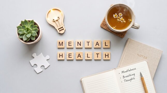 A flat lay featuring mental health concept with scrabble letters, a succulent, a lightbulb, puzzle piece, herbal tea, and a notebook with mindfulness notes.