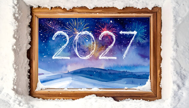 Firefly art with 2027 digital numbers in a rustic frame. Creative night sky design with glowing elements.