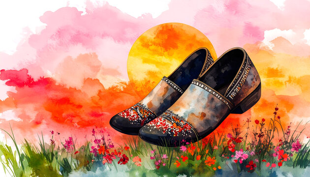 Colorful glitter shoes on vibrant sunset background. Fashion accessories for stylish occasions.