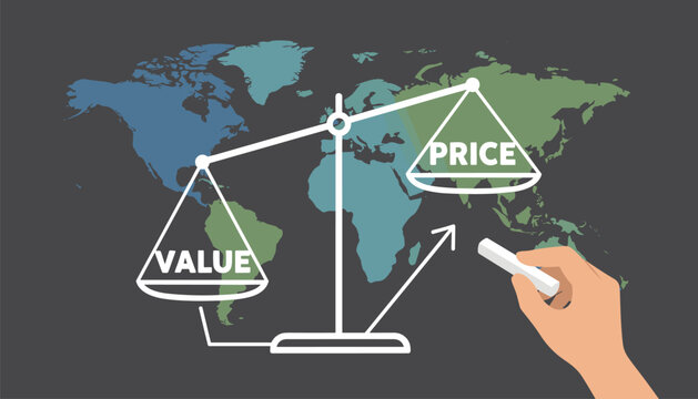 Chalkboard balance scale comparing value and price with a hand drawing an upward arrow.