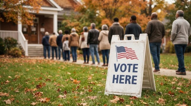 Many people stand in line waiting to vote at a polling place with an American flag sign.