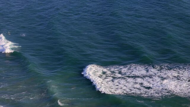 Ventura County, California, United States - 15 July 2026: Aerial view of Rincon Island with waves breaking against the man-made island structure in the Pacific Ocean.