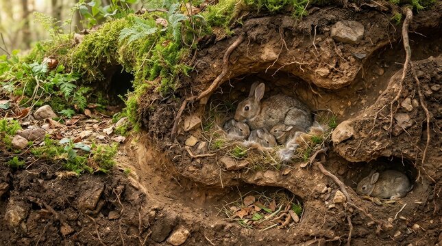 Rabbit Burrow Haven: A mother rabbit shelters her young kits in a cozy burrow nestled within the earth, surrounded by moss-covered roots and forest floor debris.