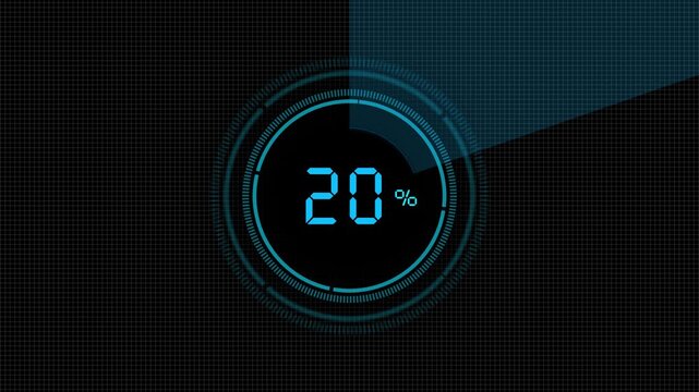 Cyan progress gauge interface visual with circular loading meter, black grid background, modern digital readout. software update clips, upload screens, download animations, motion graphics.