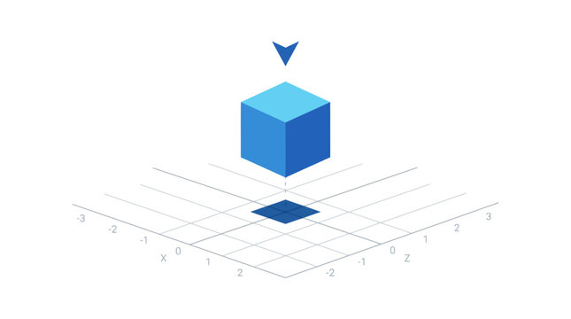 Isometric blue cube on a coordinate grid plane.
