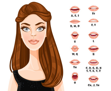 Cute brunette girl with long hair talking mouth animation. Female character speak mouths expressions