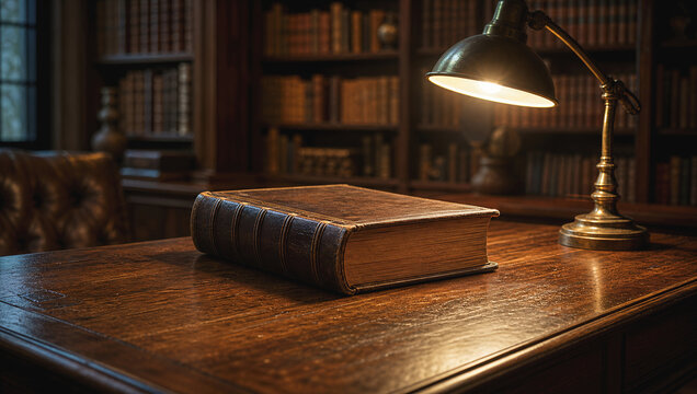 Old book wooden desk reading lamp warm light vintage library leather cover antique furniture quiet study classic literature cozy atmosphere old