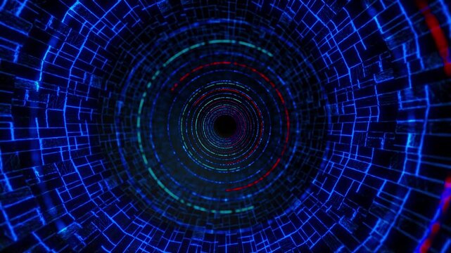 Cyber portal tunnel motion visual blue grid circles, deep vortex center, and glowing sci fi corridor style. virtual travel clips, digital transitions, 19 openers, and motion graphics.
