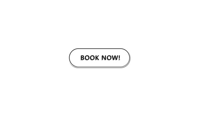 Online booking button visual black hand click symbol, rounded white button, and clean promotional layout. travel offers, hotel reservations, app demos, purchase prompts, and motion graphics.