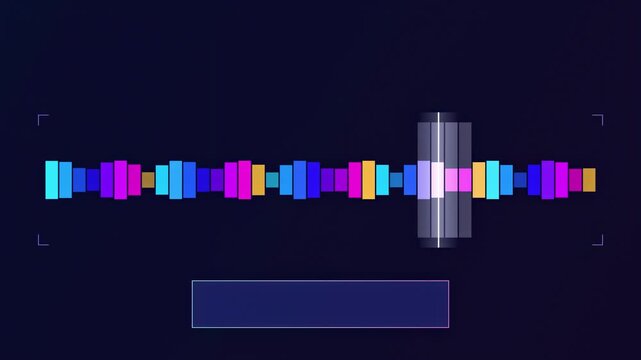 Colorful equalizer bars display audio waves. Central focus highlights sound frequency, visual representation. Dark background enhances vibrant colors.