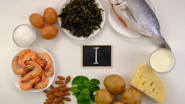 Foods that contain iodine. Selective focus.