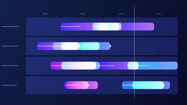 Colorful horizontal bars represent progress, stages, timelines. Gradient shades indicate completion levels. Visual data presentation.