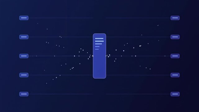 Abstract digital illustration. Blue tones dominate, showing lines connecting rectangular elements. Central column features vertical bars, suggesting data visualization.