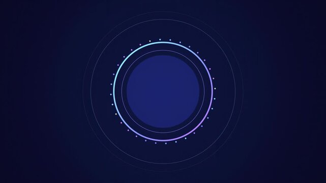 Dark background features concentric glowing circles. Blue, purple hues create futuristic visual effect. Minimalist design.