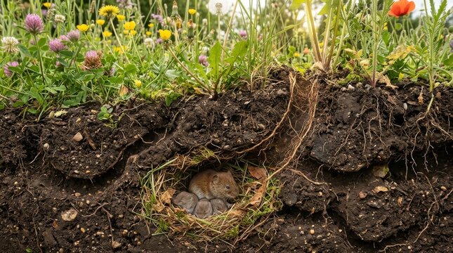 Burrowed Sanctuary: A hidden burrow reveals a family of mice nestled safely underground, surrounded by the complex root system of plants and wildflowers.