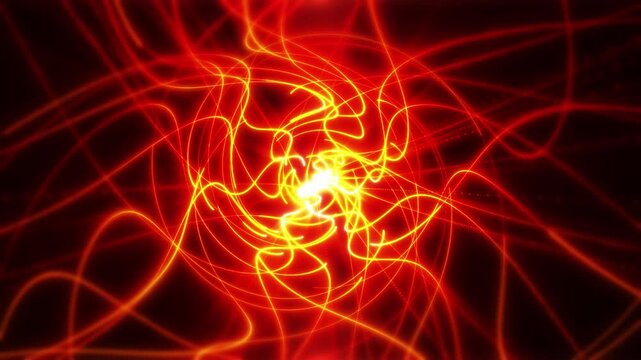 burning digital energy tunnel made of particles and energy waves; rapid movement through space or time along a trajectory of bright neon lines. A high-tech corridor, warp speed, a wormhole.