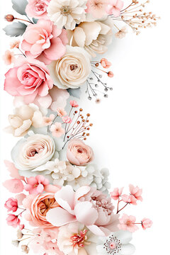 Luxury Watercolor Floral Frame with Peonies, Garden Roses and Blush Botanical Flowers