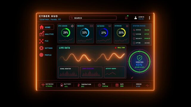 Futuristic AI HUD Dashboard Interface with Digital Data Visualization and Neon Technology Control Panel