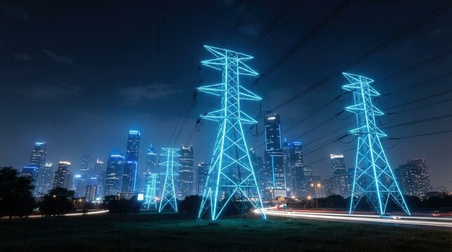 High voltage powerlines connecting illuminated skyscrapers with neon blue transmission towers.