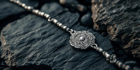 Fototapeta premium Raksha bandhan themed closeup of an intricate silver mandala pendant bracelet on dark slate stone raksha bandhan, raksha bandhan image