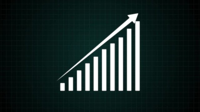 Modern digital business analytics featuring an upward-trending bar chart with a dynamic growth arrow and subtle dotted performance line, representing increasing revenue, financial prosperity, data-dri