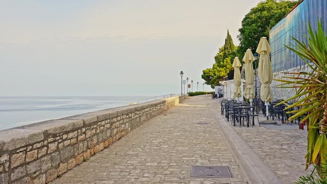 Seaside Promenade Along Rovinj Adriatic Coast Croatia.Filmed on July 17, 2026.