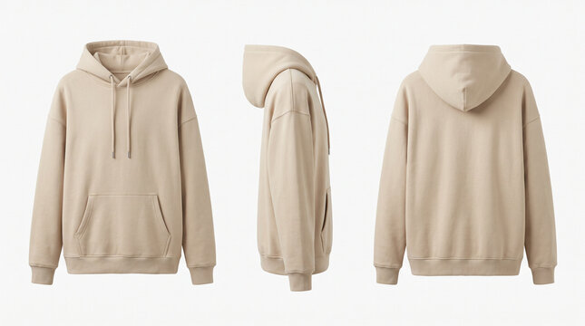 A 4K photo of beige hoodie sweatshirt mockup, three views front, back, and side.