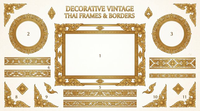 Set of Decorative vintage frames and borders set,Gold photo frame with corner Thailand line floral for picture, Vector design decoration pattern style. border design is pattern Thai art style Png