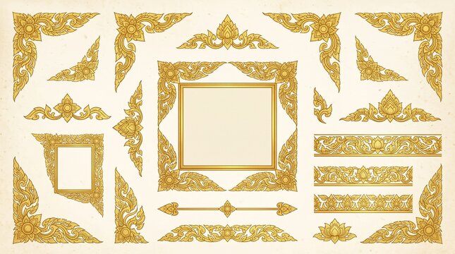Set of Decorative vintage frames and borders set,Gold photo frame with corner Thailand line floral for picture, Vector design decoration pattern style. border design is pattern Thai art style Png