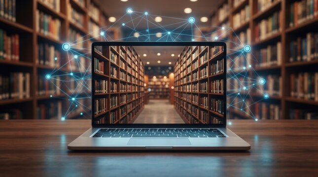 Concept of e-learning and information access with digital resources and an e-library on a laptop screen against a technology background.