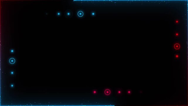 Dark digital HUD frame visual glowing red and cyan particle accents, open black center, modern tech border design. for video titles, app panels, stream overlays, interface clips, and motion graphics.