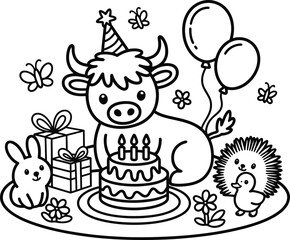 Fototapeta premium Cute cartoon cow celebrating birthday with cake and presents for children coloring page illustration graphic vector isolated on white background.