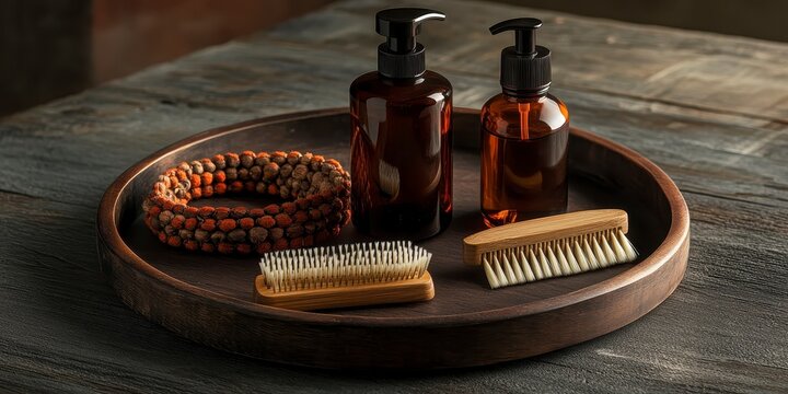 Raksha bandhan themed vintage grooming kit with wooden combs and glass apothecary bottles on a tray raksha bandhan, raksha bandhan image