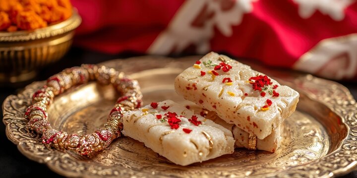 Raksha bandhan themed traditional indian rakhi with ornate gold and white stone pendant on a tray raksha bandhan, raksha bandhan image