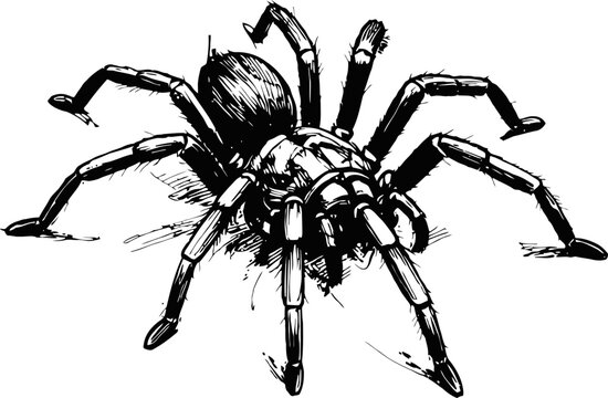 detailed black and white tarantula spider illustration with hairy legs and segmented body