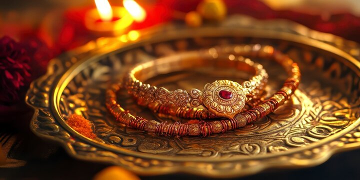 Raksha bandhan themed traditional indian rakhi and gold bracelet on an ornate metal plate raksha bandhan, raksha bandhan image