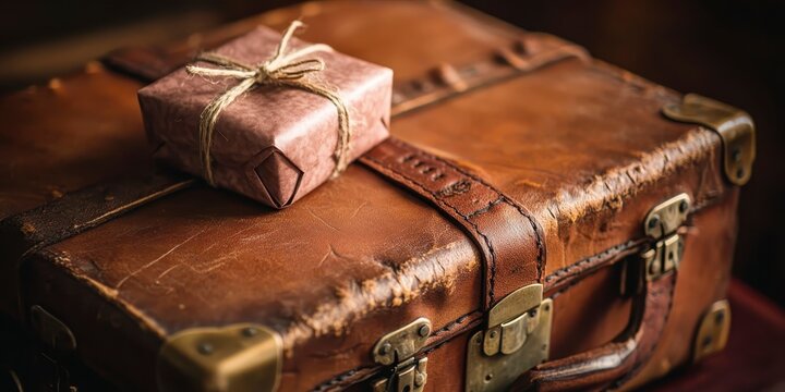Raksha bandhan themed vintage leather suitcase with a small gift box tied with twine on top raksha bandhan, raksha bandhan image
