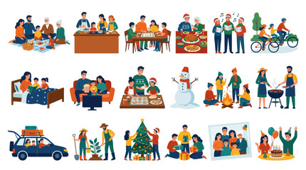 Naklejka premium Flat Vector Illustration of Family Life Activities, Celebrations, Holidays, and Generational Togetherness Scenes