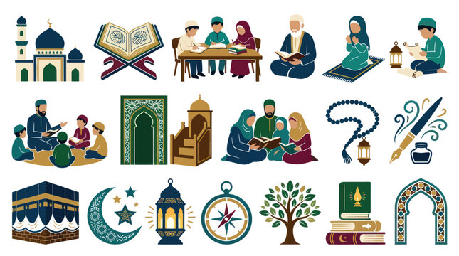 Flat Vector Islamic Culture and Education Icons Set with Muslim People, Quran, Mosque, and Ramadan Symbols