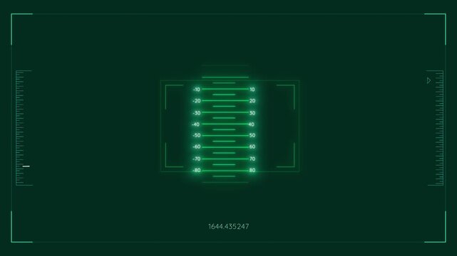 Futuristic green scanner interface central glowing scale, guides, side rulers, transparent display style. HUD animations, measurement clips, radar visuals, sci fi controls, 19 video overlays.