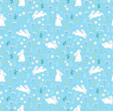 Vector illustration of white rabbits among daisies, wildflowers and leaves on a blue background. Cute spring seamless pattern