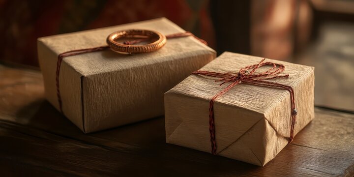 Raksha bandhan themed two rustic gift boxes wrapped in textured brown paper with twine raksha bandhan, raksha bandhan image