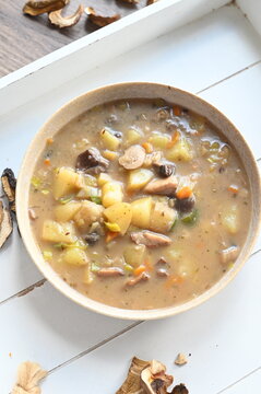 Traditional homemade potato soup with wild mushrooms served in a rustic bowl on a light background. The image highlights a hearty Czech dish, rich flavors, and elegant presentation of comforting food