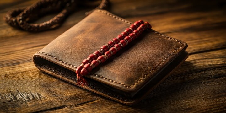 Raksha bandhan themed closeup of a handcrafted brown leather wallet on a wooden table raksha bandhan, raksha bandhan image